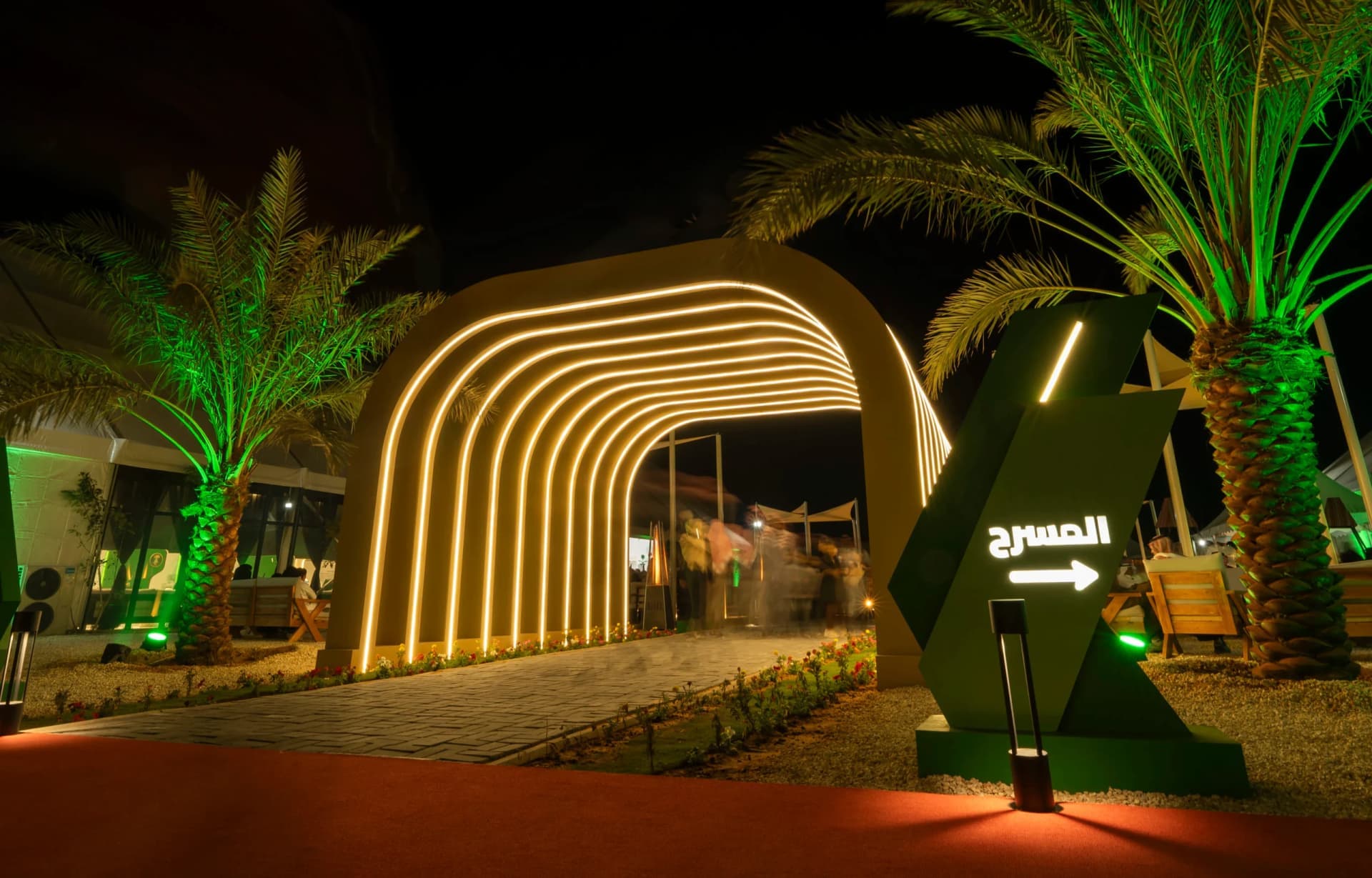 Night event entrance with illuminated architecture